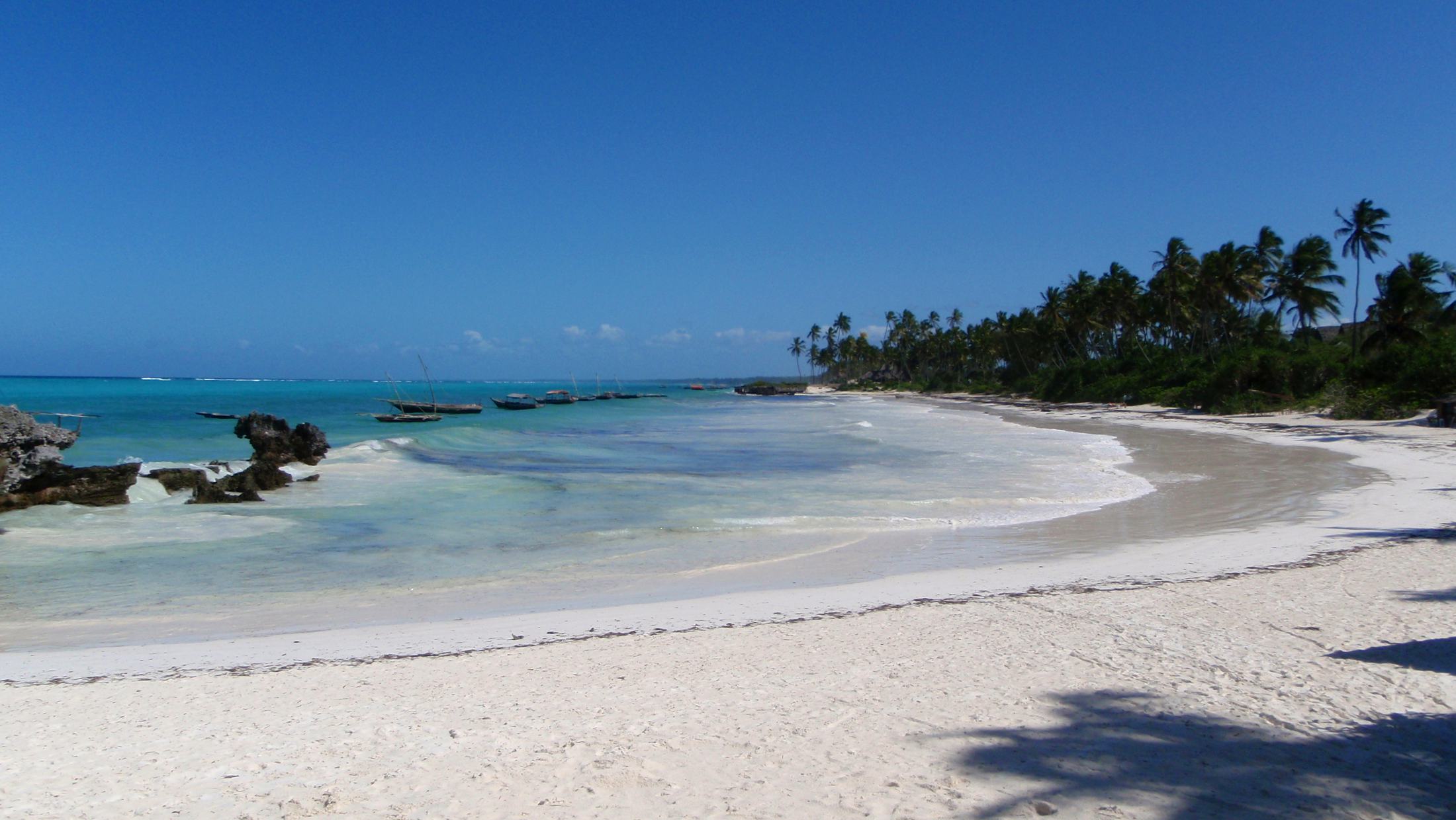 La spiaggia bianca di Matemwe con le palme e l'acqua turchese